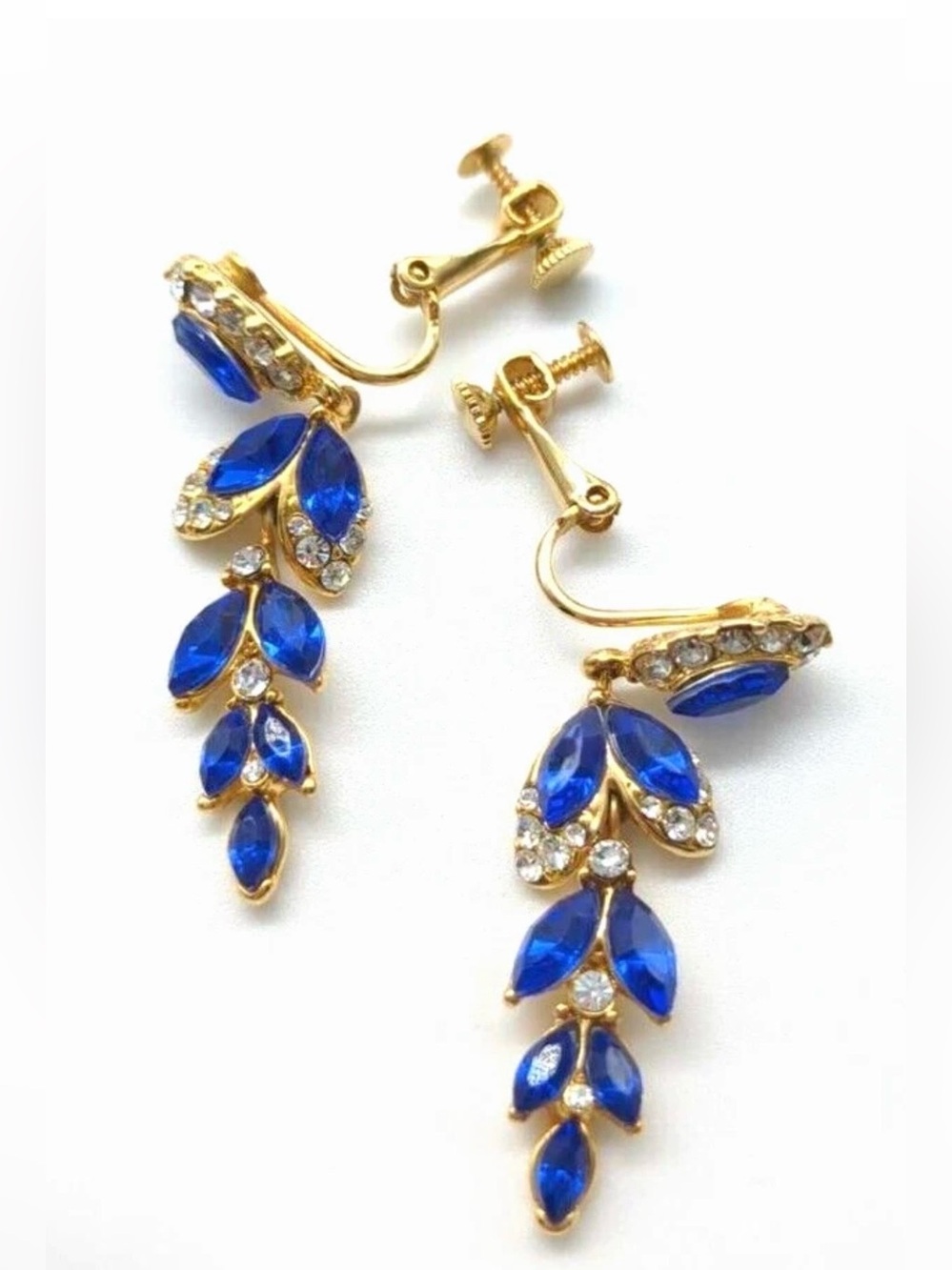 Gold-Tone Royal Blue Crystal Dangle Clip-On Earrings